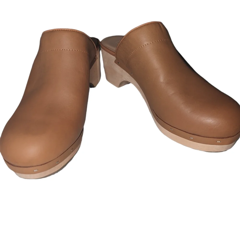 New LOFT Missy Leather Mule Wooden Block Wedge 9.5 M